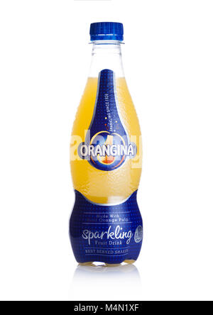 LONDON, UK - FEBRUARY 14, 2018: Plastic bottle of Orangina Sparkling Fruit soda drink on white background. Stock Photo
