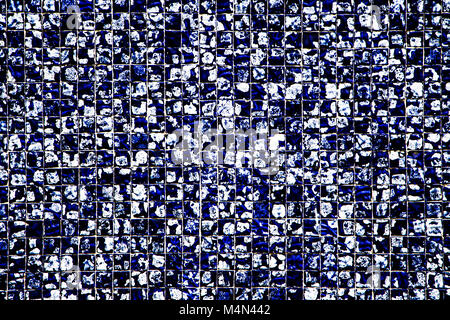 Detail shot of wall mosaic tiles in blue and white for background, high resolution, real photo. Stock Photo