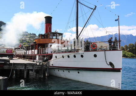 Vintage twin screw steamer TSS Earnslaw at the quayside in Queenstown on Lake Wakatipu, Otago, South Island, New Zealand. Stock Photo