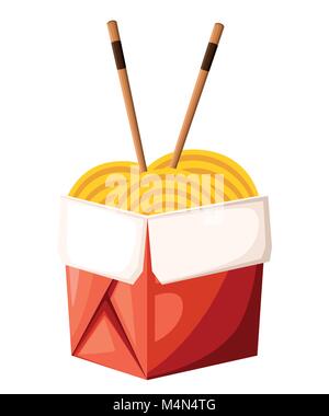 Chinese restaurant take-out red food box with noodles and sticks vector illustration isolated on white background web site page and mobile app design. Stock Vector