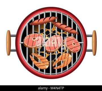 Barbecue design elements grill top view burning coals bbq picnic fish and sausages on red cooking device with wooden handles vector illustration isola Stock Vector