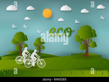Paper art style of Landscape and People in nature, concept of save the world and ecology , abstract vector background Stock Vector