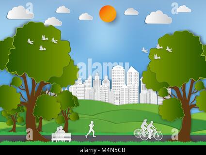Paper art style of Landscape and People in city parks to save the world idea,  Abstract vector background Stock Vector