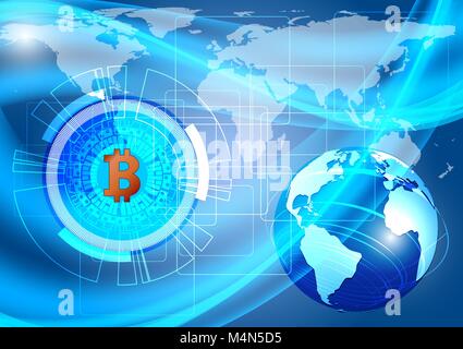Blue background with Bitcoin digital currency and earth. vector illustration technology concept (NASA) Stock Vector