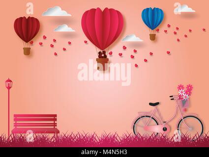 Paper art style of balloons shape of heart flying  with bicycle and pink background, vector illustration, valentine's day concept Stock Vector