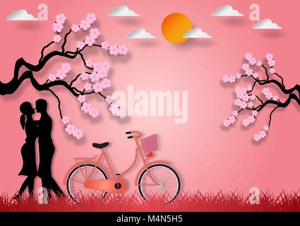 Paper art style of man and woman in love with bicycle and cherry blossom on pink background. vector illustration Stock Vector