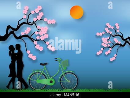 Paper art style of man and woman in love with bicycle and cherry blossom on blue background. vector illustration Stock Vector