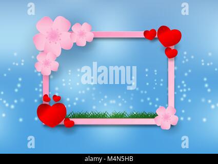 Paper art style of Cherry blossom with heart and frame on blue background. vector illustration, valentine's day concept Stock Vector