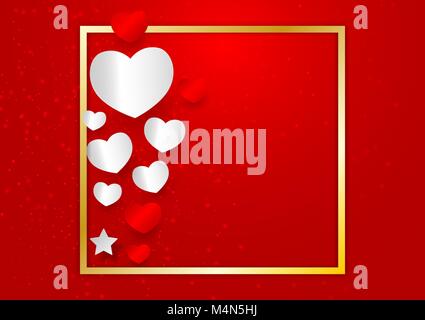 Vector heart shape and golden frame with copy space on red background, valentines day concept Stock Vector
