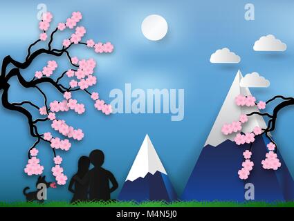 Paper art style of Cherry blossom on blue background with man and woman in love. vector illustration, valentines day concept Stock Vector