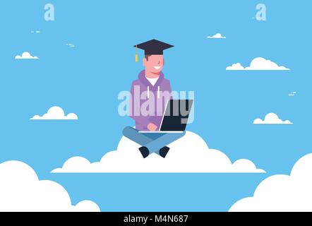 Young Man Student Graduate Sitting On Cloud With Laptop, Education Online Technology Concept Stock Vector