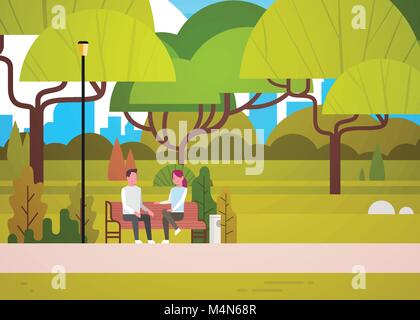 Couple Sit On Bench In City Park Talking Man And Woman Relaxing In Nature Communicating Stock Vector