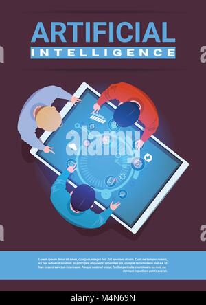 Creative Team Of Programmers Working Sit At Desk Digital Tablet Top Angle View Artificial Intelligence Concept Stock Vector