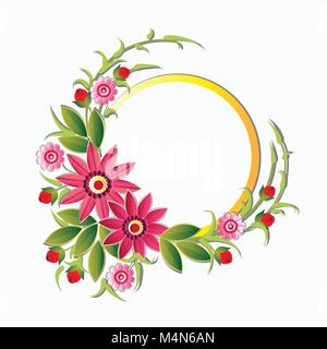 Circle Frame Decorated With Flowers, Floral Background Decoration Design Stock Vector