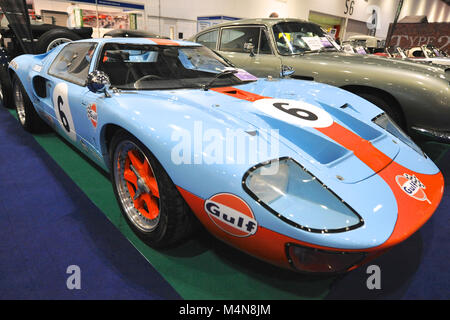 London, UK. 16th Feb, 2018. A Ford GT40 racing car on display at the London Classic Car Show which is taking place at ExCel London, United Kingdom.  More than 700 of the world's finest classic cars are on display at the show ranging from vintage pre-war tourers to a modern concept cars. Credit: Michael Preston/Alamy Live News