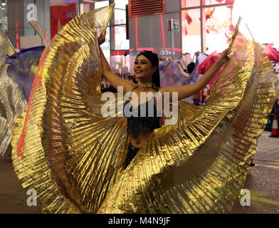 Hong Kong, China. 16th Feb, 2018. An actress performs during the Cathay Pacific International Chinese New Year Night Parade to mark the Lunar New Year celebrations for the Year of the Dog, in Hong Kong, south China, Feb. 16, 2018. Credit: Li Peng/Xinhua/Alamy Live News Stock Photo
