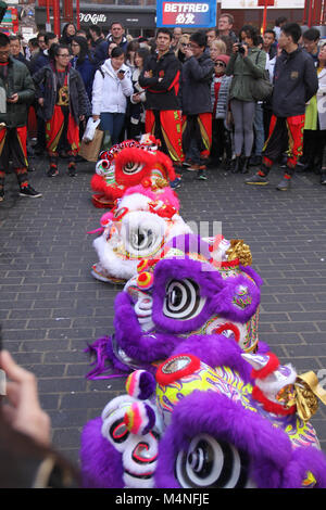 London, UK. 17th Feb, 2018. Entertainers prepare their Chinese Dragon props in China Town London on 17 February 2018 ahead of the Year of the Dog celebration in London. The main London festivities kick off with a vibrant parade in and around Chinatown, followed by spectacular free stage performances in Trafalgar Square on 18 February.  Credit: David Mbiyu/Alamy Live News Stock Photo