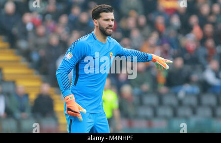 Udine, Italy. 17th Feb, 2018. Roma's goalkeeper Alisson Becker gestures during the Serie A football match between Udinese Calcio v AS Roma at Dacia Arena Stadium on 17th February, 2018. Credit: Andrea Spinelli/Alamy Live News Stock Photo