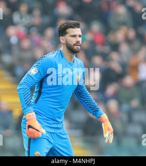 Udine, Italy. 17th Feb, 2018. Roma's goalkeeper Alisson Becker looks during the Serie A football match between Udinese Calcio v AS Roma at Dacia Arena Stadium on 17th February, 2018. Credit: Andrea Spinelli/Alamy Live News Stock Photo