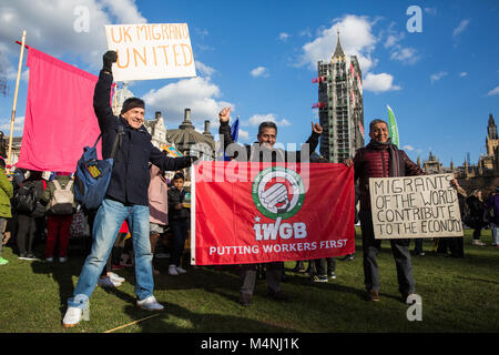 London, UK. 17th February, 2018. Members of the IWGB trade union attend the 1 Day Without Us rally in Parliament Square as part of a second annual nationwide day of action in celebration of the huge contribution of migrants to the UK and in solidarity with past and present migrant workers in the NHS. Credit: Mark Kerrison/Alamy Live News Stock Photo