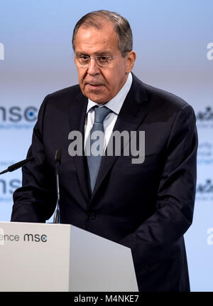 Sergey Lavrov, Foreign Minister of Russia, delivers a speech at the 54th Munich Security Conference in Munich, Germany, 16 February 2018. More than 500 guests among those head of states and head of governments, are expected to attend the three day conference. Photo: Sven Hoppe/dpa Stock Photo