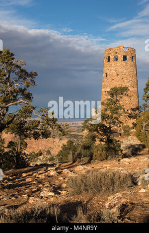 Desert View Watch Tower late afternoon from the south rim of the Grand Canyon National Park. Located in Northern Arizona. Stock Photo