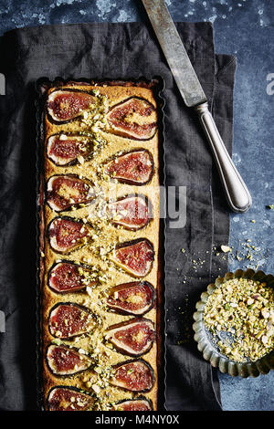 Fig and Pistachio nut Frangipane tart. Stock Photo