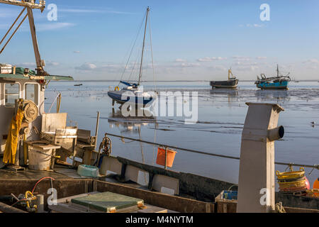 LEIGH-ON-SEA, ESSEX, UK - FEBRUARY 16, 2018:    View of the Thames Estuary over deck of a fishing boat at Old Leigh Stock Photo