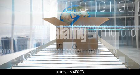 Composite image of cardboard box with globe on 3d conveyor belt Stock Photo