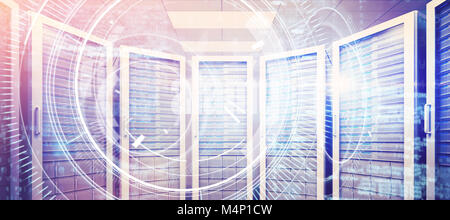 Digital image of lens over black background against empty server room Stock Photo