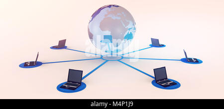 Laptops connected with earth Stock Photo