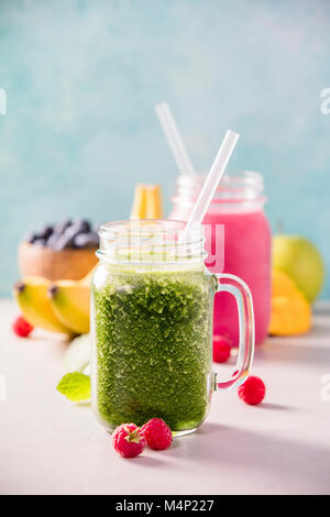 Close-up of fresh smoothie with fruits and berries, selective focus. Detox, dieting, clean eating, vegetarian, vegan, fitness, healthy lifestyle conce Stock Photo