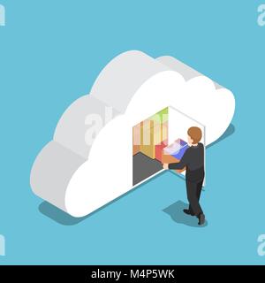 Flat 3d isometric businessman keep file in cloud shaped room. Cloud computing concept. Stock Vector