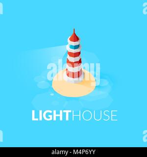 Flat isometric red lighthouse icon on blue sea Stock Vector