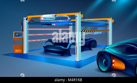 3d prototyping and 3d printing of a car, automobiles at a large industrial 3d printer. Automobile manufacturing. Stock Vector