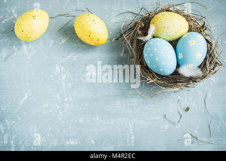 Easter Eggs in bird Nest on blue wooden background. Decorated easter eggs with feathers in nest on old wooden table with copy space. Spring, Easter or Stock Photo