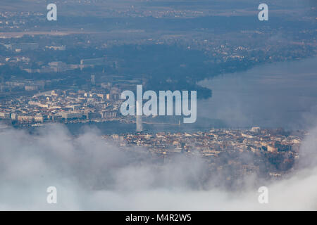Aeria view of the city of Geneva on a foggy winter day. Stock Photo