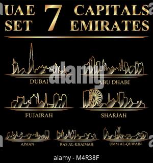 7 cities - the capitals of the United Arab Emirates, gold vector illustration on black background. Stock Vector