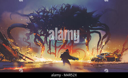 fight scene between the human and giant monster, the man battling alien at night, digital art style, illustration painting Stock Photo