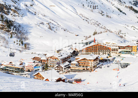 HOCHGURGL VILLAGE, AUSTRIA - JAN 28, 2018: Mountain village with hotels and houses in beautiful Hochgurgl-Obergurgl ski area, Tirol, Austria. Stock Photo