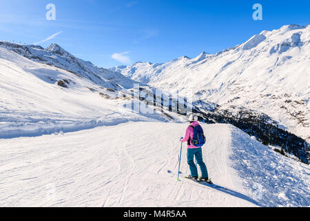 Young woman skier on ski slope in winter season in Hochgurgl-Obergurgl mountain resort, Austria Stock Photo