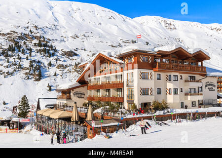 HOCHGURGL VILLAGE, AUSTRIA - JAN 30, 2018: Mountain village with hotels and houses in beautiful Hochgurgl-Obergurgl ski area, Tirol, Austria. Stock Photo