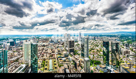 Panoramic view of Frankfurt am Main skyline with dramatic cloudscape, Hessen, Germany Stock Photo