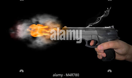 gun shot with smoke on black background Stock Photo