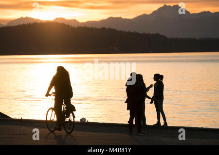 United States, Washington, Seattle, West Seattle, Alki Beach, Olympic Mountains, Puget Sound Stock Photo