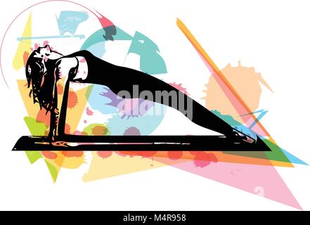 Abstract illustration of Beautiful sporty fit yogini woman practices yoga Stock Vector