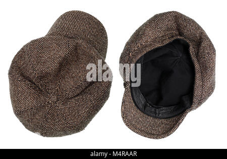 Vintage tweed warm winter cap of my grandmother. Isolated on white studio shot