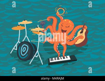 Cartoon Octopus Plays Music on the Sea Waves Stock Vector