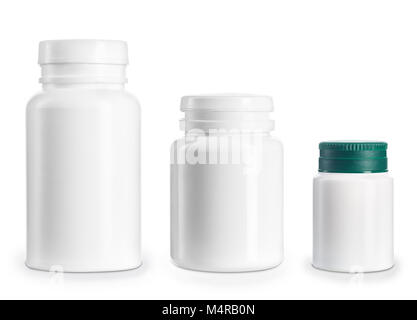 set of blank white medical bottles, isolated on white background. Collection of plastic containers for pills Stock Photo