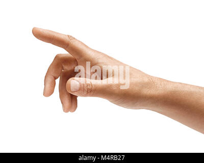 Man's hand touching or pointing to something isolated on white background. Close up. High resolution Stock Photo